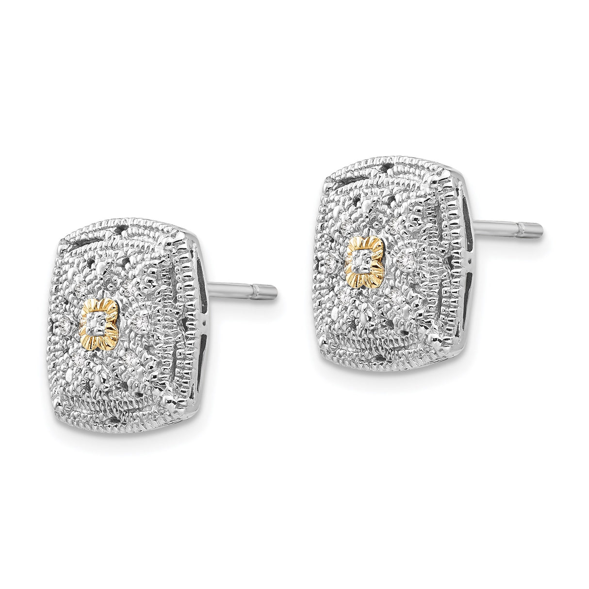 14k Yellow Gold Stud Earrings with Diamond, Two-Tone Square Floral Design, Milgrain Accents