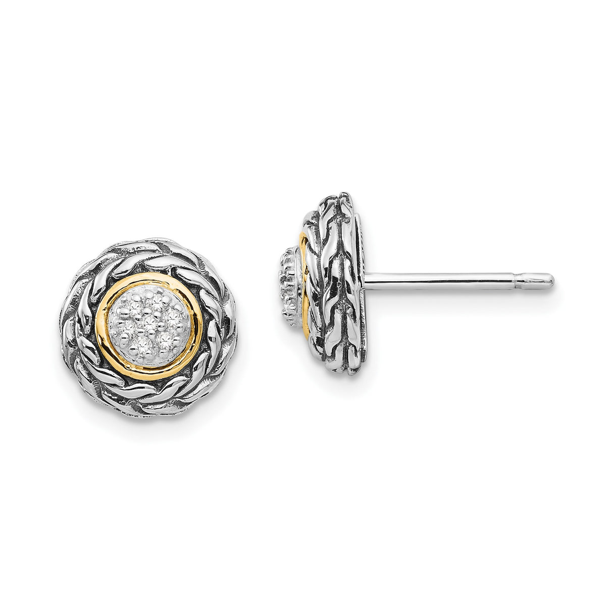 14k Yellow Gold Stud Earrings with Diamond Clusters and Braided Rope Design