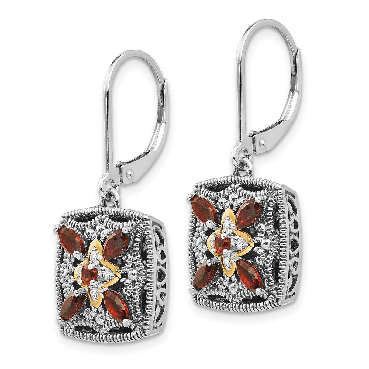 14k Two-Tone Yellow Gold Dangle Earrings with Garnet and Diamond, Floral Filigree Design