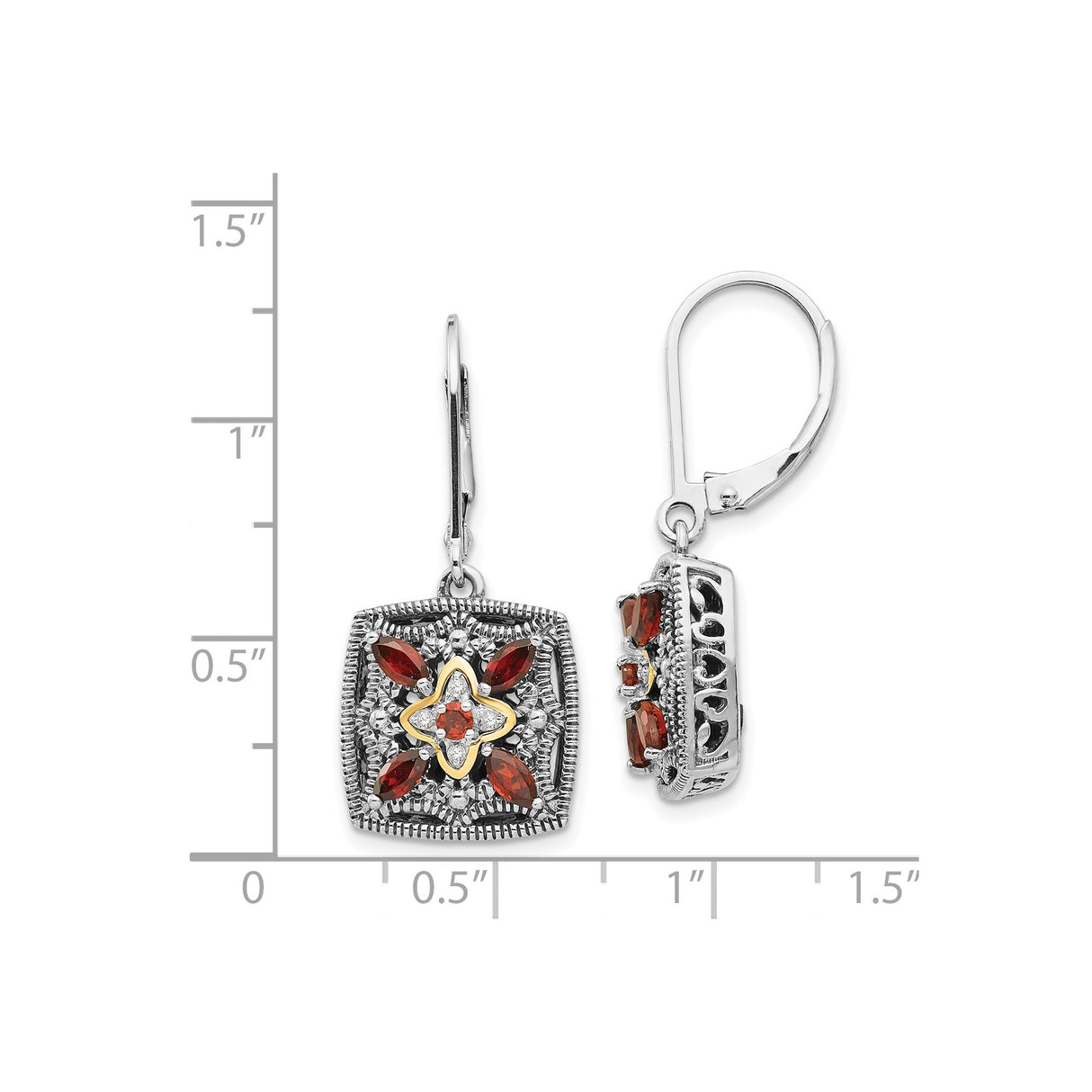 14k Two-Tone Yellow Gold Dangle Earrings with Garnet and Diamond, Floral Filigree Design