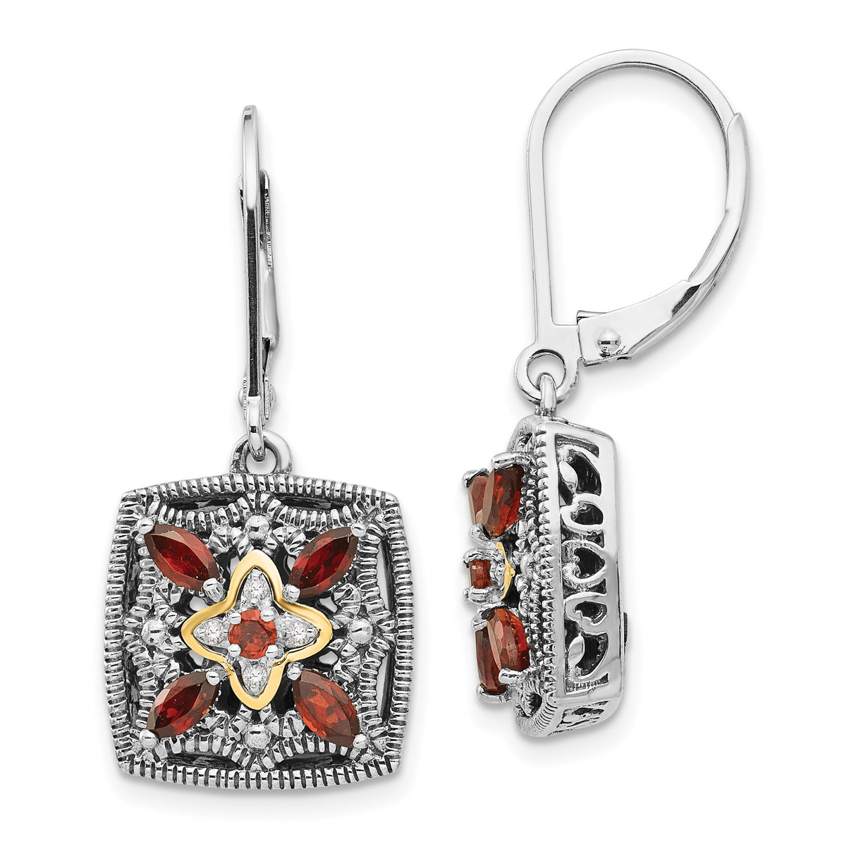14k Yellow Gold and Sterling Silver Dangle Earrings with Garnet and Diamond, Floral Filigree Design