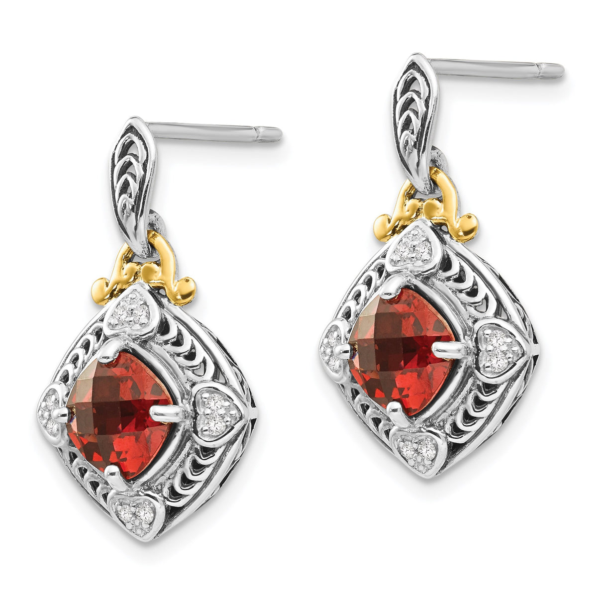14k Two-Tone Yellow Gold Dangle Earrings with Garnet and Diamond, Heart Motif, Vintage Scrollwork