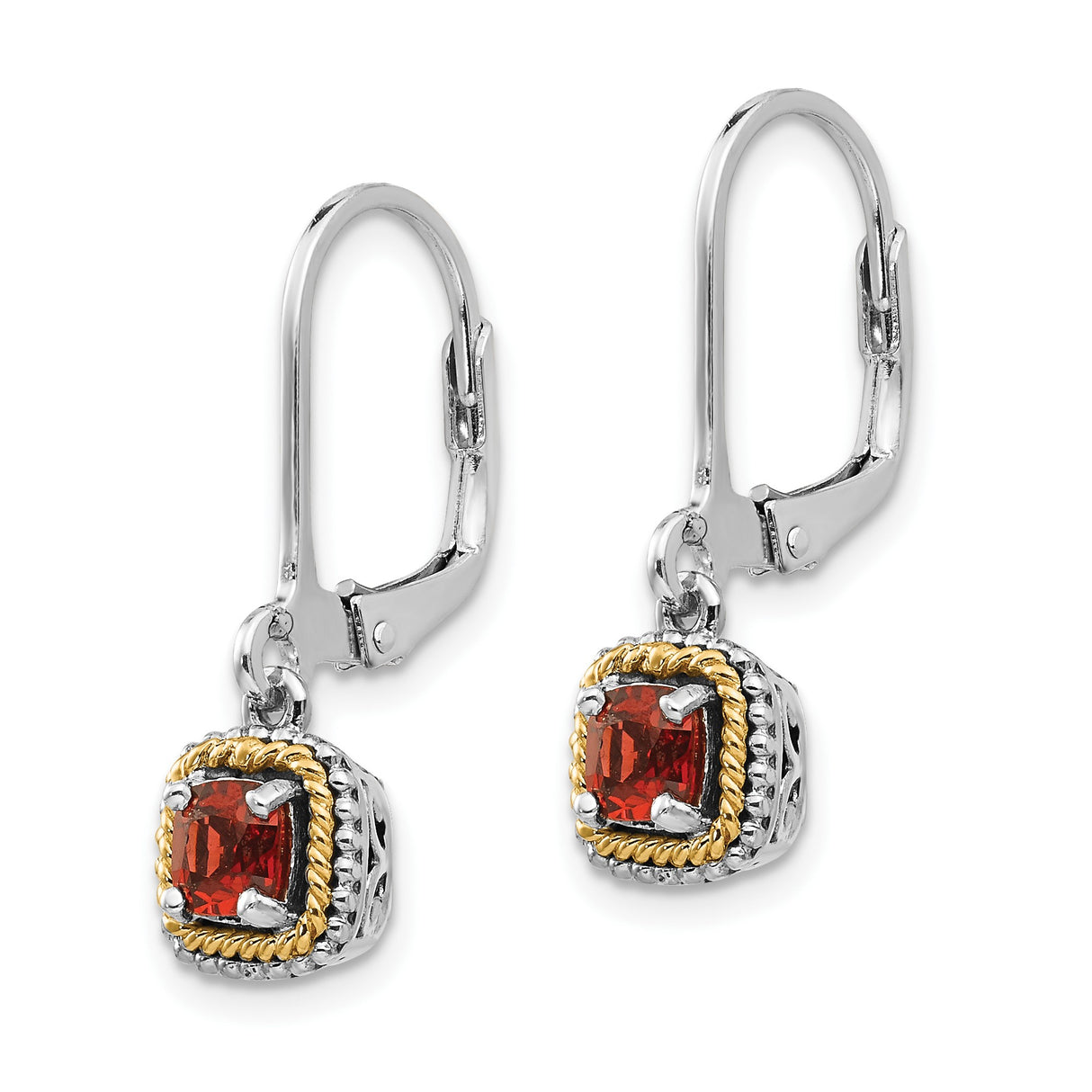 14k Two-Tone Yellow Gold Dangle Earrings with Garnet, Rope Border and Filigree Design