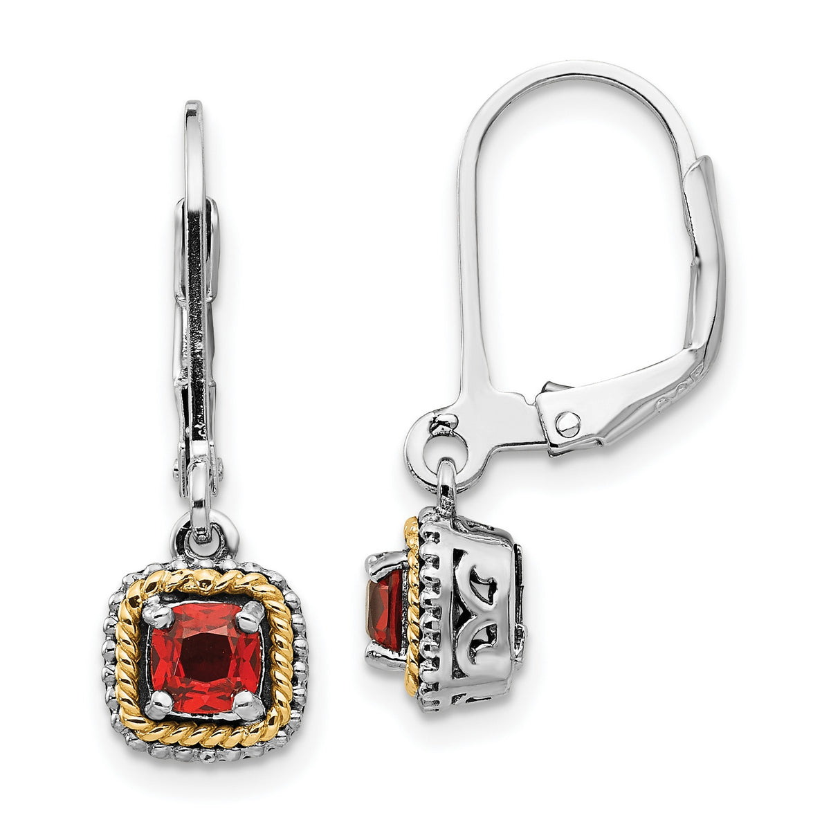 14k Yellow Gold and Sterling Silver Dangle Earrings with Garnet, Rope Border and Filigree Design