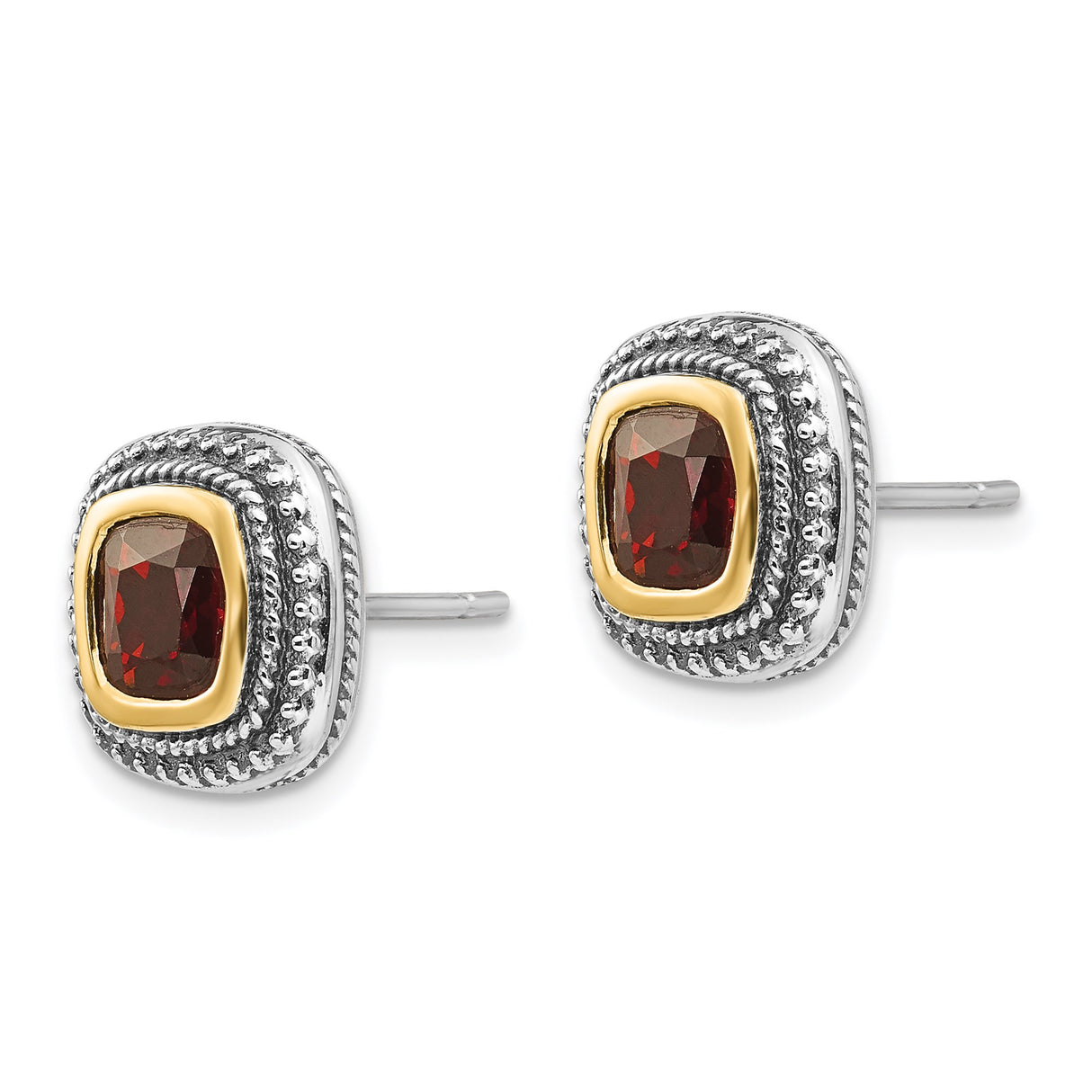 14k Two-Tone Yellow Gold Stud Earrings with Cushion Cut Garnet Textured Border