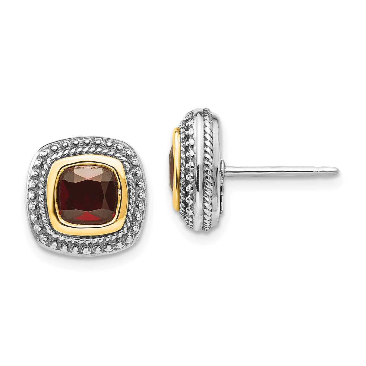 14k Yellow Gold Stud Earrings with Cushion Cut Garnet and Sterling Silver Textured Border