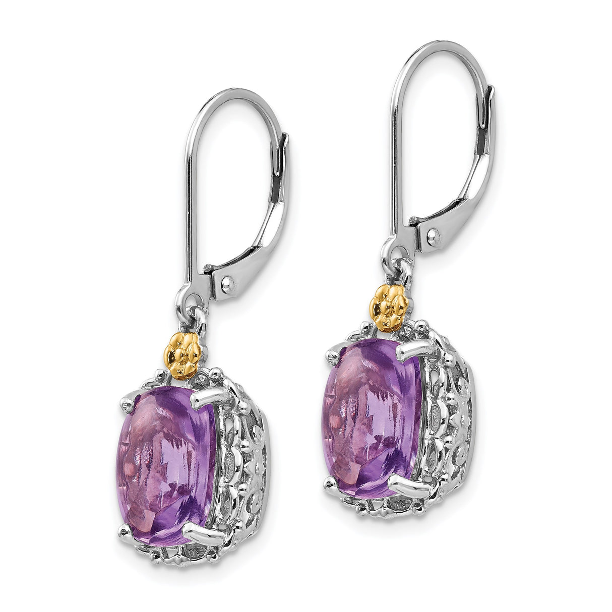 14k Two Tone Gold Drop Earrings with Amethyst, Filigree Detailing, Leverback Closure