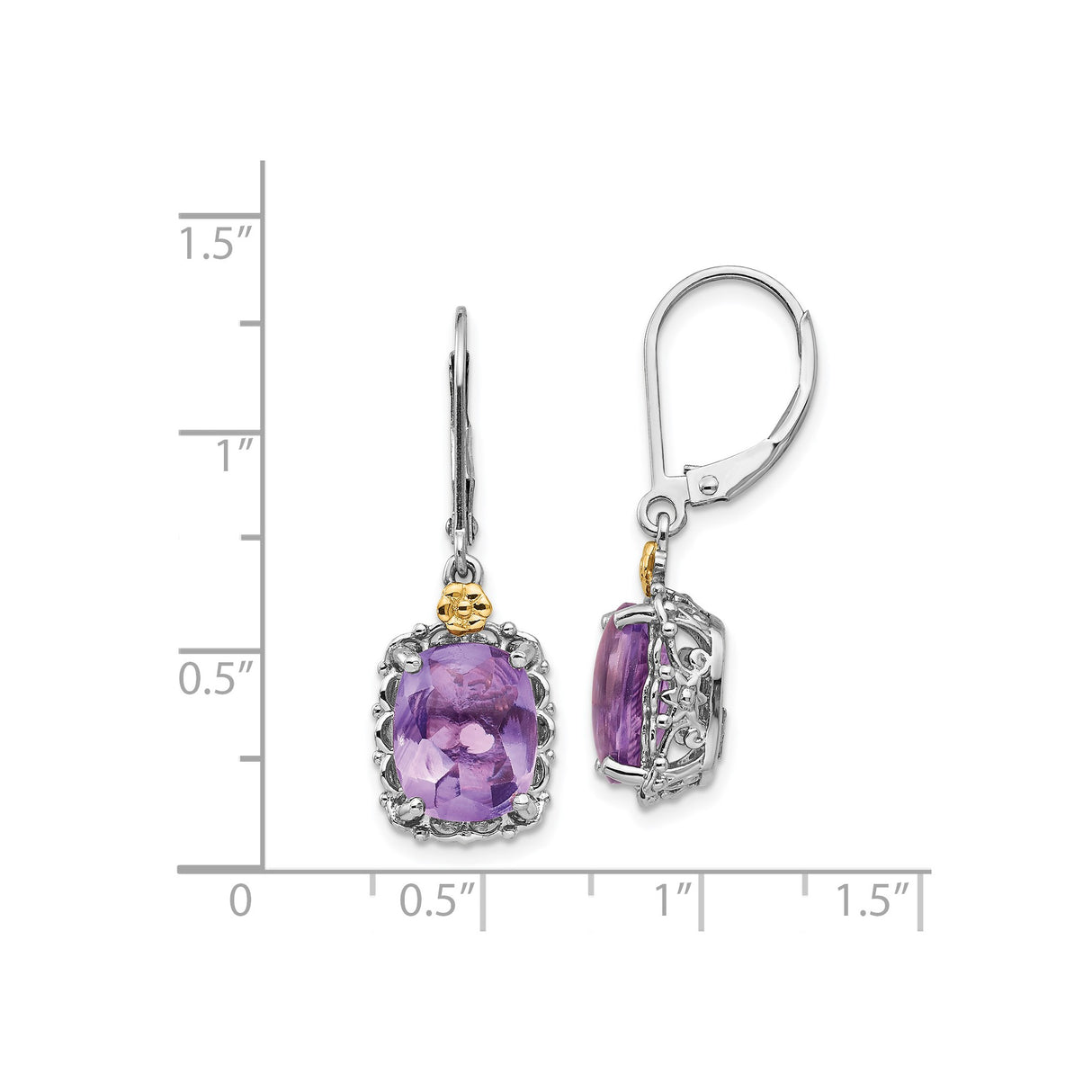 14k Two Tone Gold Drop Earrings with Amethyst, Filigree Detailing, Leverback Closure