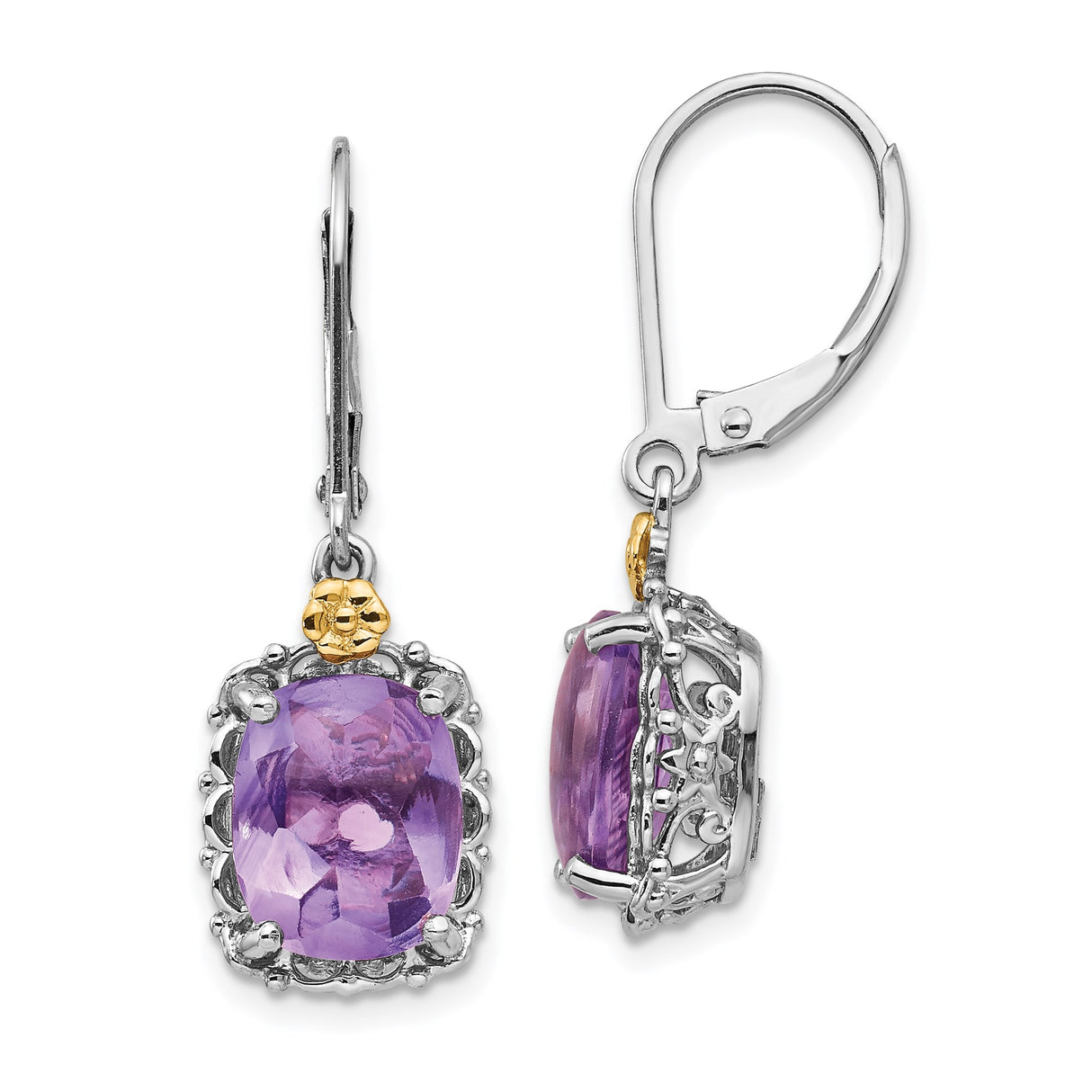 14k Two Tone Gold Drop Earrings with Amethyst, Filigree Detailing, Leverback Closure