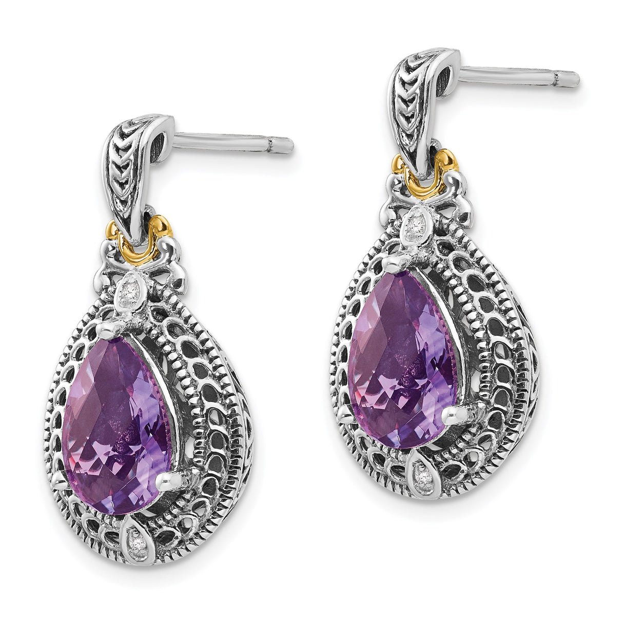 14k Two-Tone Yellow Gold Dangle Earrings with Amethyst and Diamond, Filigree Vintage Style