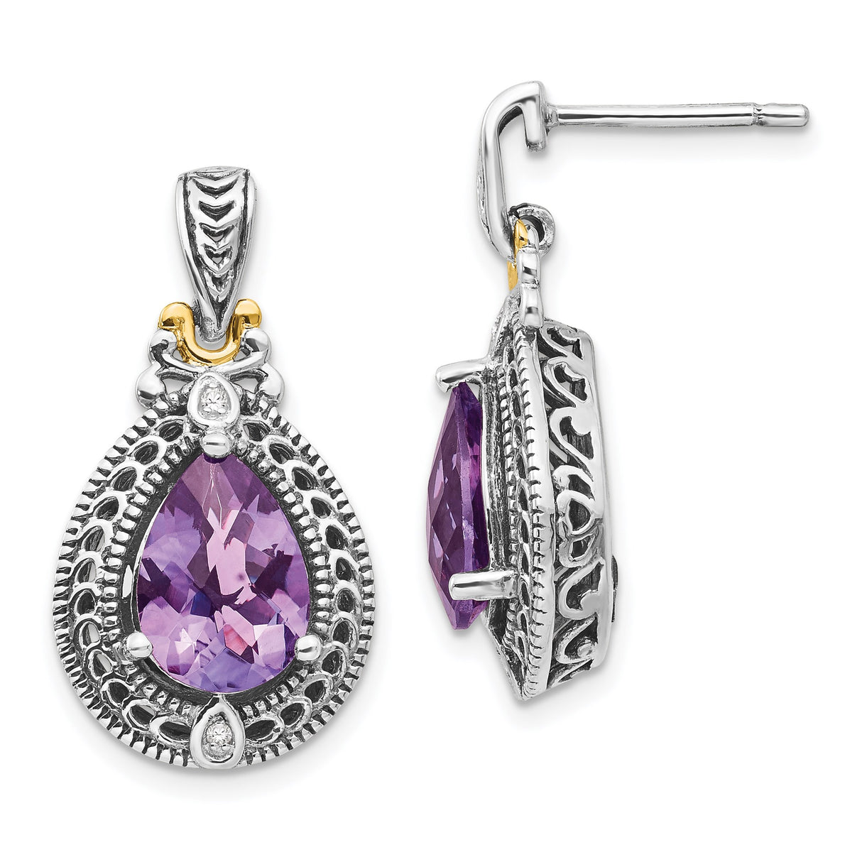 14k Yellow Gold and Sterling Silver Dangle Earrings with Amethyst and Diamond, Filigree Vintage Style