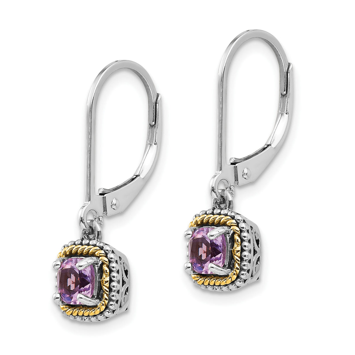 14k Yellow Gold Dangle Earrings with Amethyst Cushion Cut Gemstones, Vintage Style Leverbacks