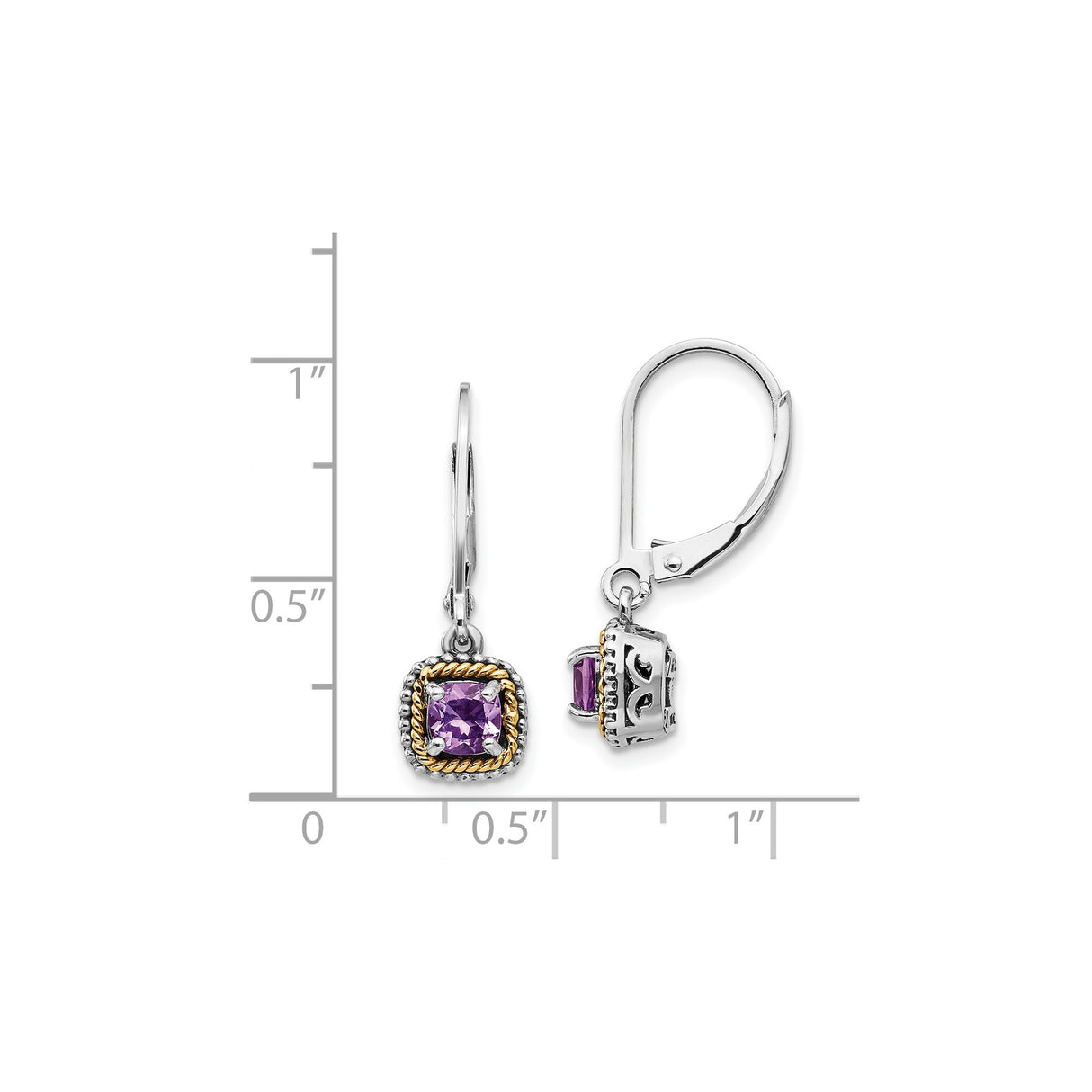 14k Yellow Gold Dangle Earrings with Amethyst Cushion Cut Gemstones, Vintage Style Leverbacks