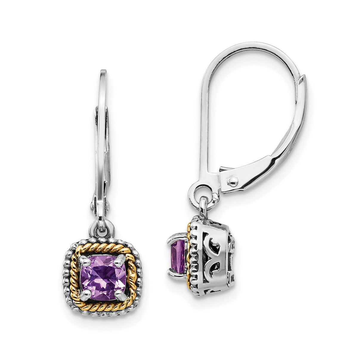 14k Yellow Gold Dangle Earrings with Amethyst Cushion Cut Gemstones, Vintage Style Leverbacks