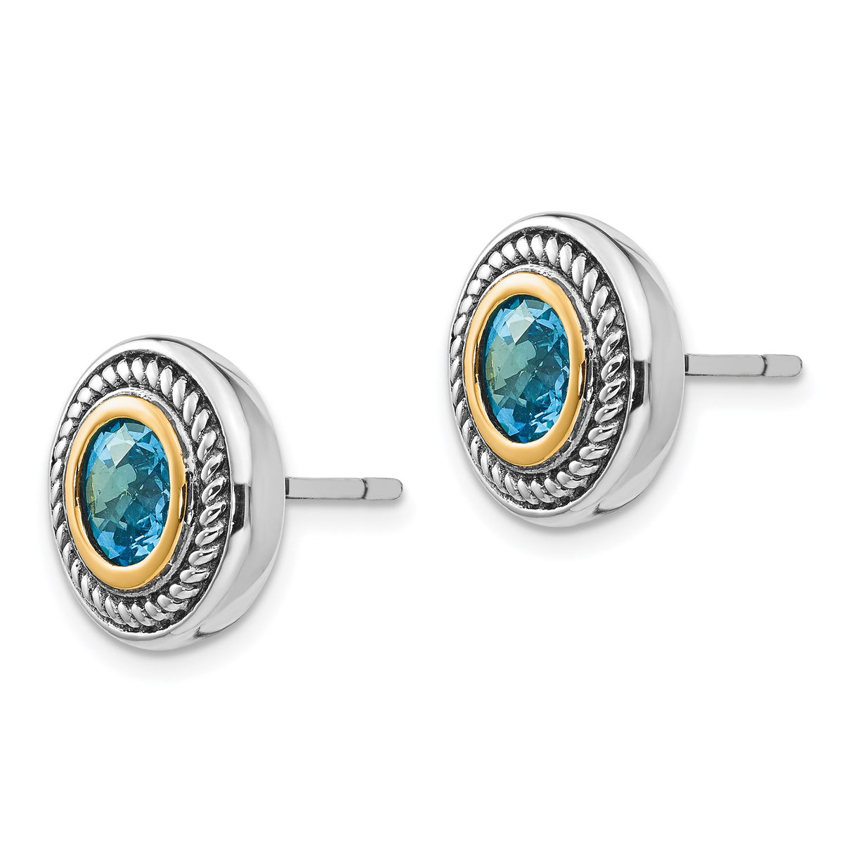 14k Yellow Gold Stud Earrings with Sky Blue Topaz, Rope Detailing and Textured Silver Frame