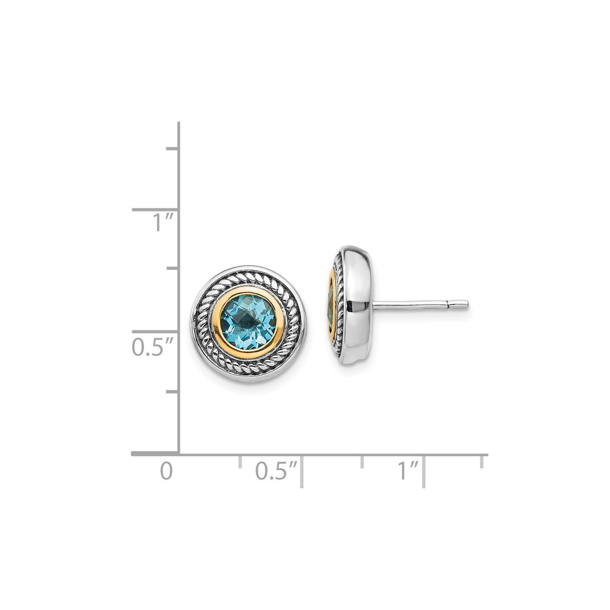 14k Yellow Gold Stud Earrings with Sky Blue Topaz, Rope Detailing and Textured Silver Frame