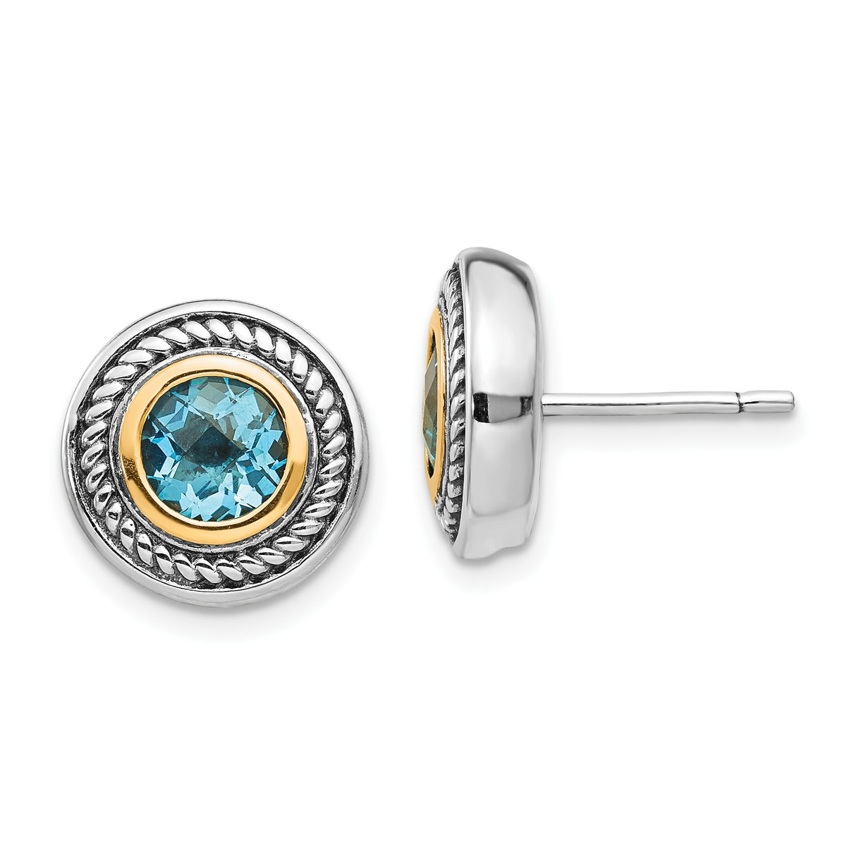 14k Yellow Gold Stud Earrings with Sky Blue Topaz, Rope Detailing and Textured Silver Frame