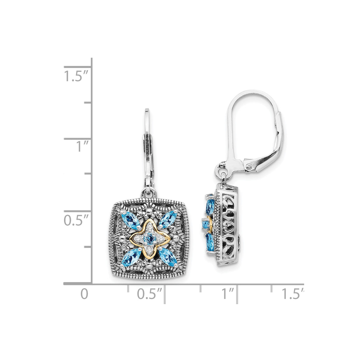 14k Two-Tone Yellow Gold Dangle Earrings with Swiss Blue Topaz, Vintage Floral Motif