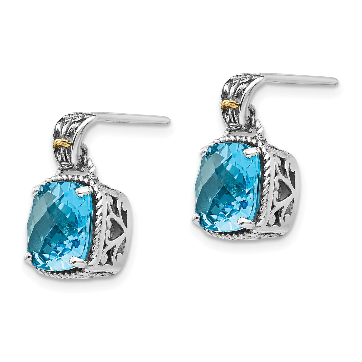 Sterling Silver Dangle Earrings with Sky Blue Topaz, 14k Gold Accents, Filigree Heart Scroll Design