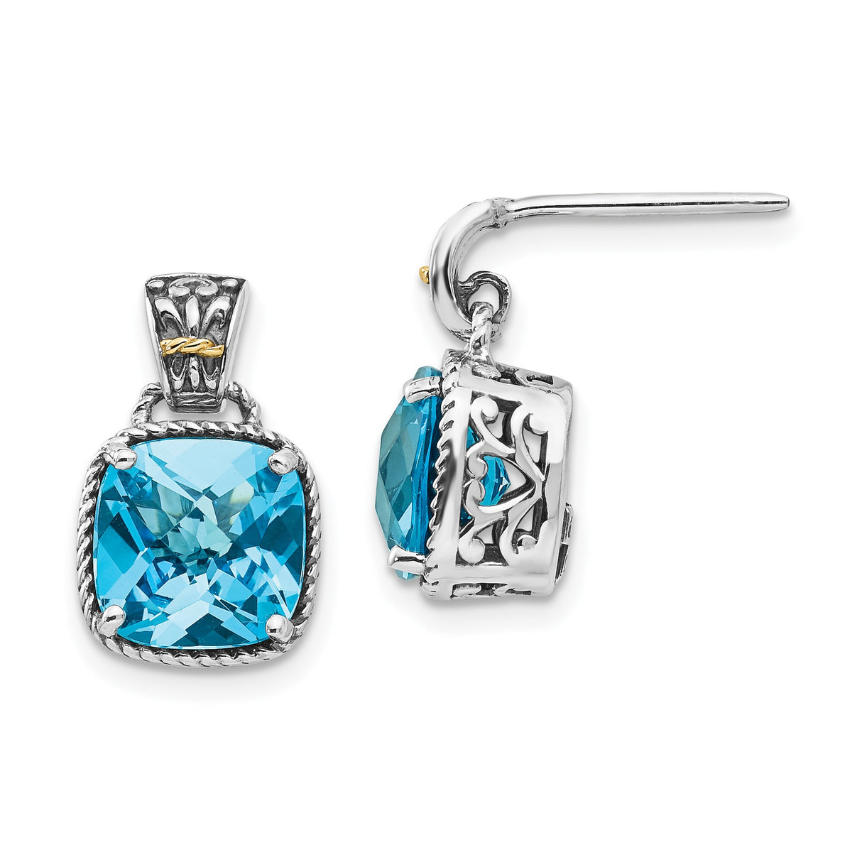 Sterling Silver Dangle Earrings with Sky Blue Topaz, 14k Gold Accents, Filigree Heart Scroll Design