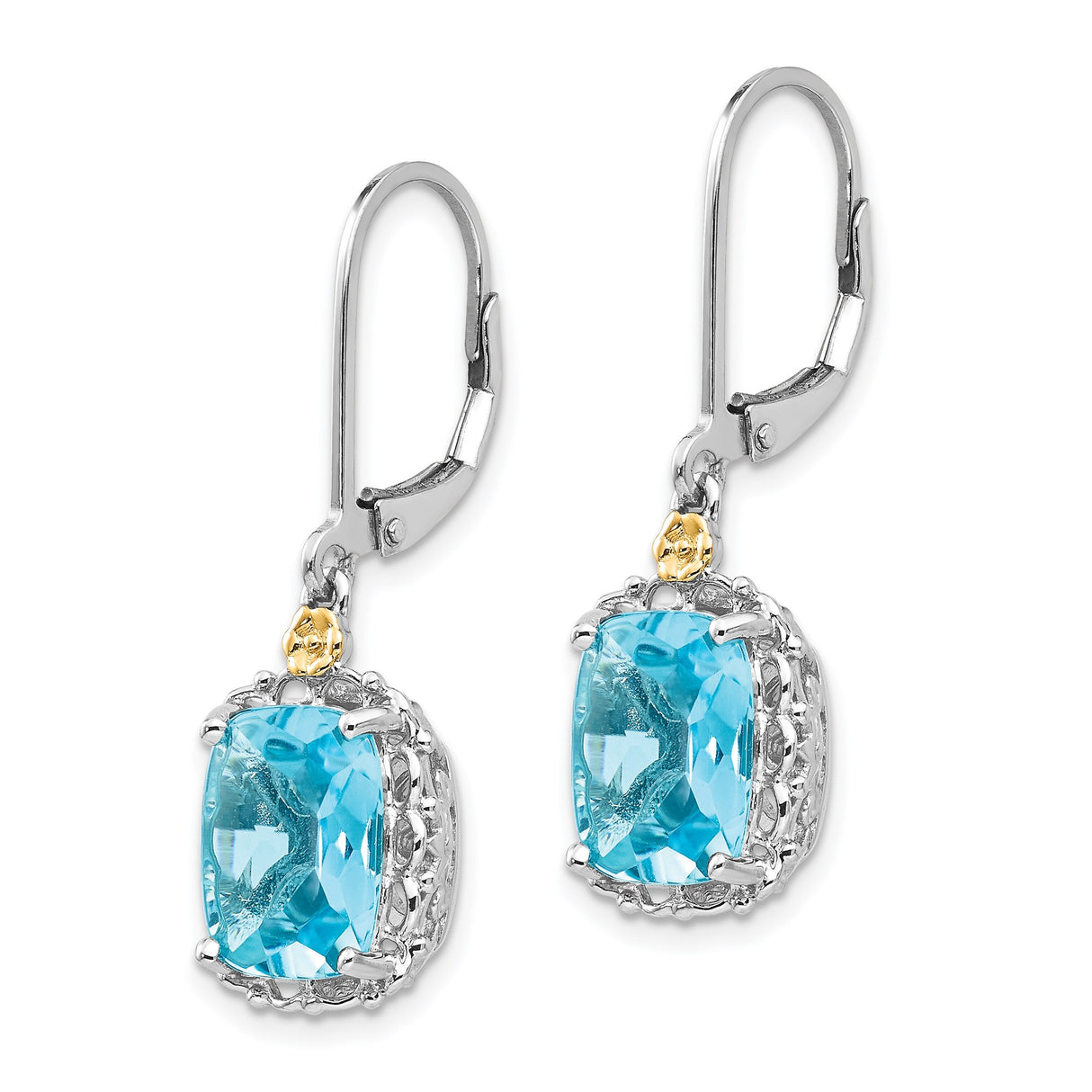 14k Yellow Gold Dangle Earrings with Sky Blue Topaz, Two-Tone Filigree Vintage Design