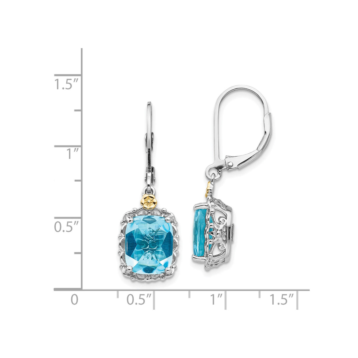 14k Yellow Gold Dangle Earrings with Sky Blue Topaz, Two-Tone Filigree Vintage Design