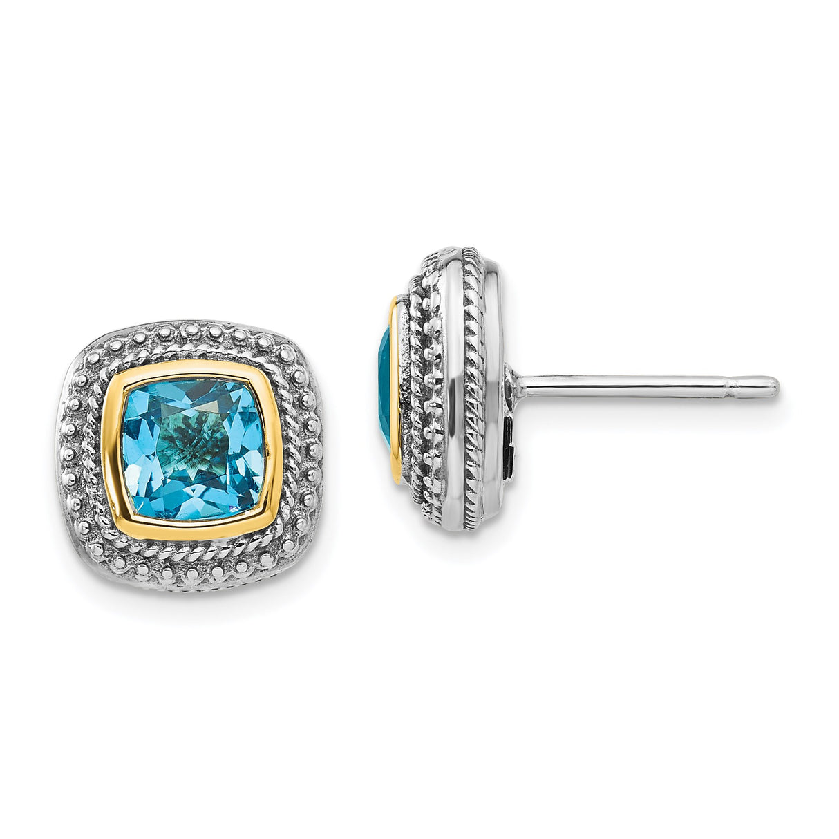 14k Yellow Gold and Sterling Silver Cushion Cut Swiss Blue Topaz Stud Earrings, Vintage Beaded Design