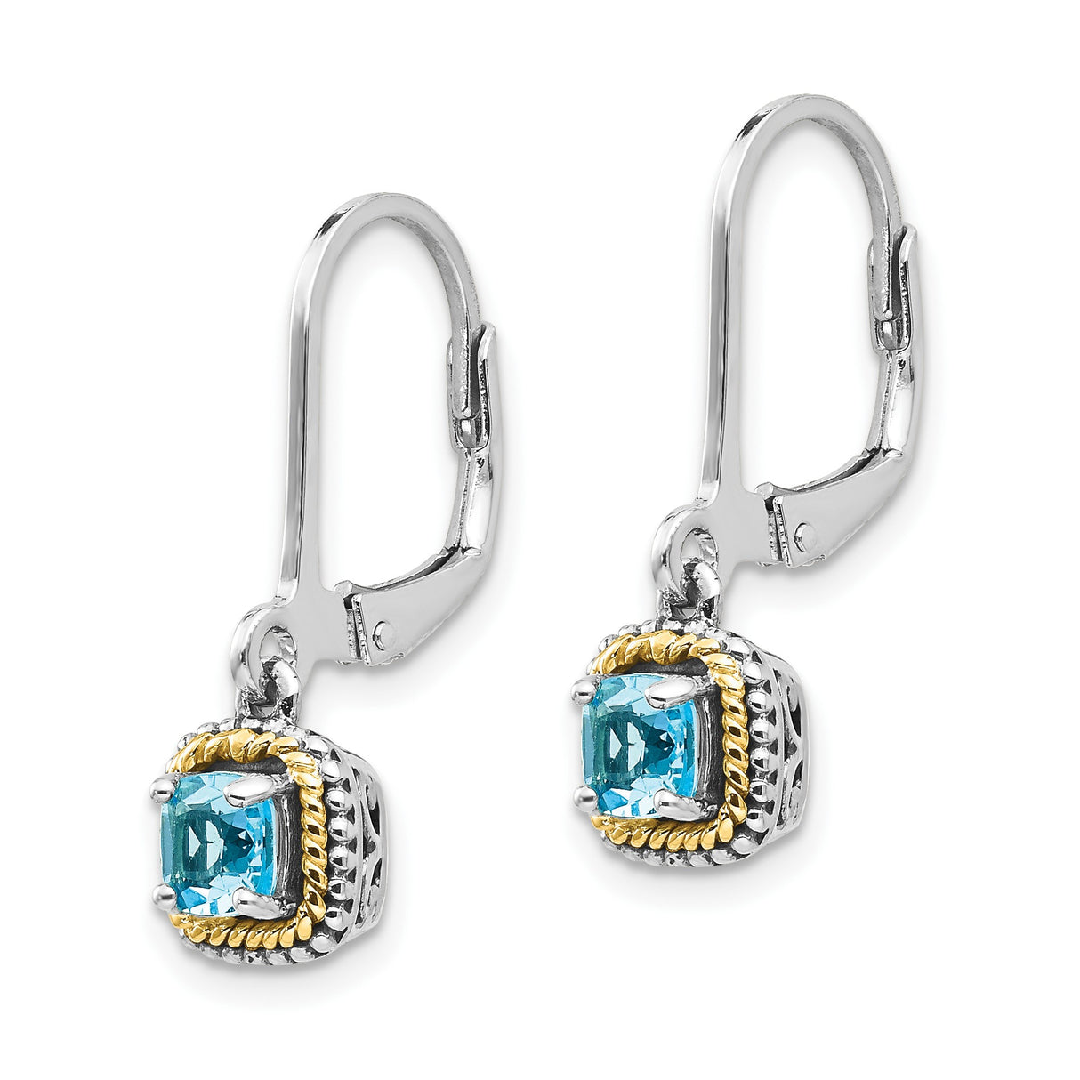 14k Yellow Gold Dangle Earrings with Sky Blue Topaz, Two-Tone Rope and Scrollwork Design