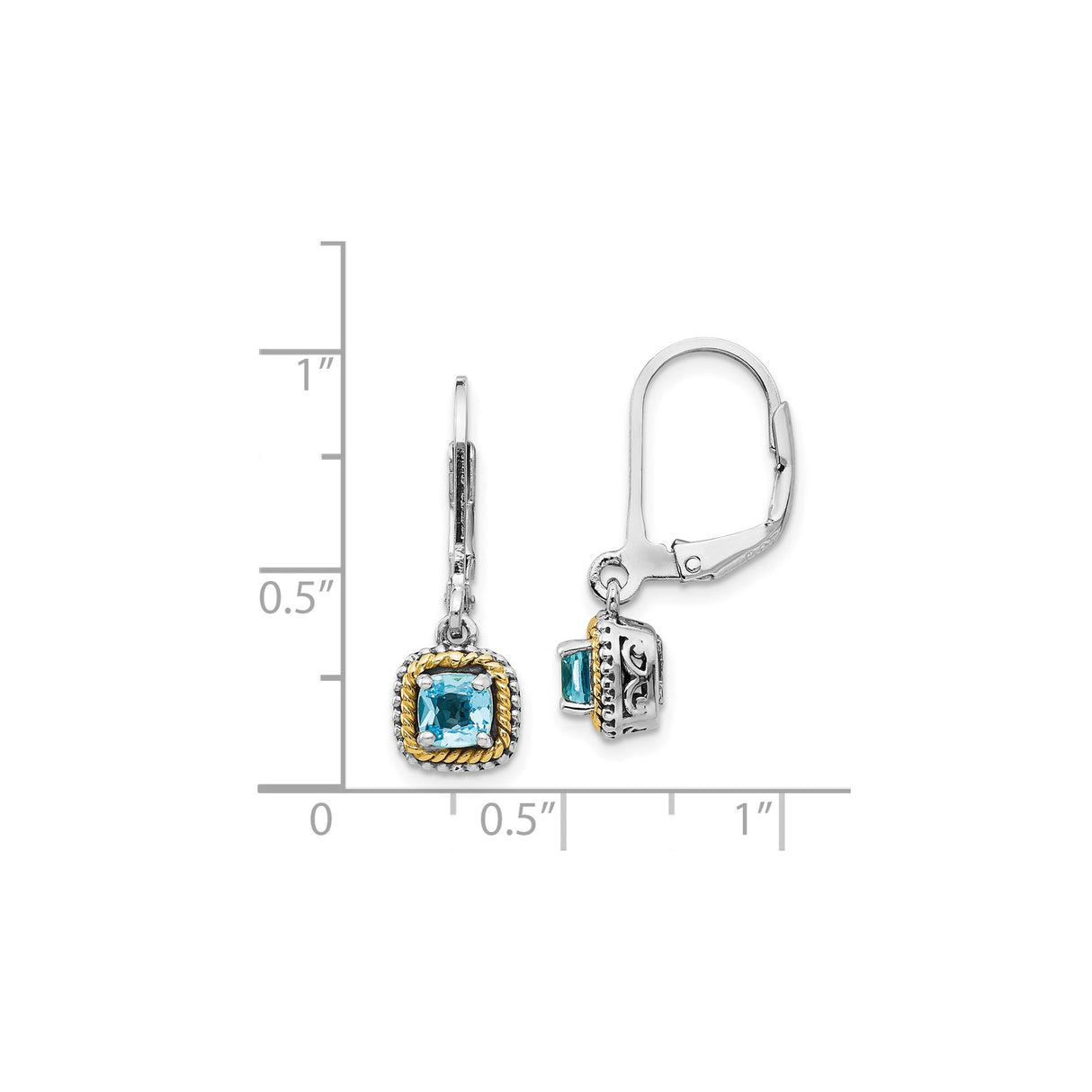 14k Yellow Gold Dangle Earrings with Sky Blue Topaz, Two-Tone Rope and Scrollwork Design