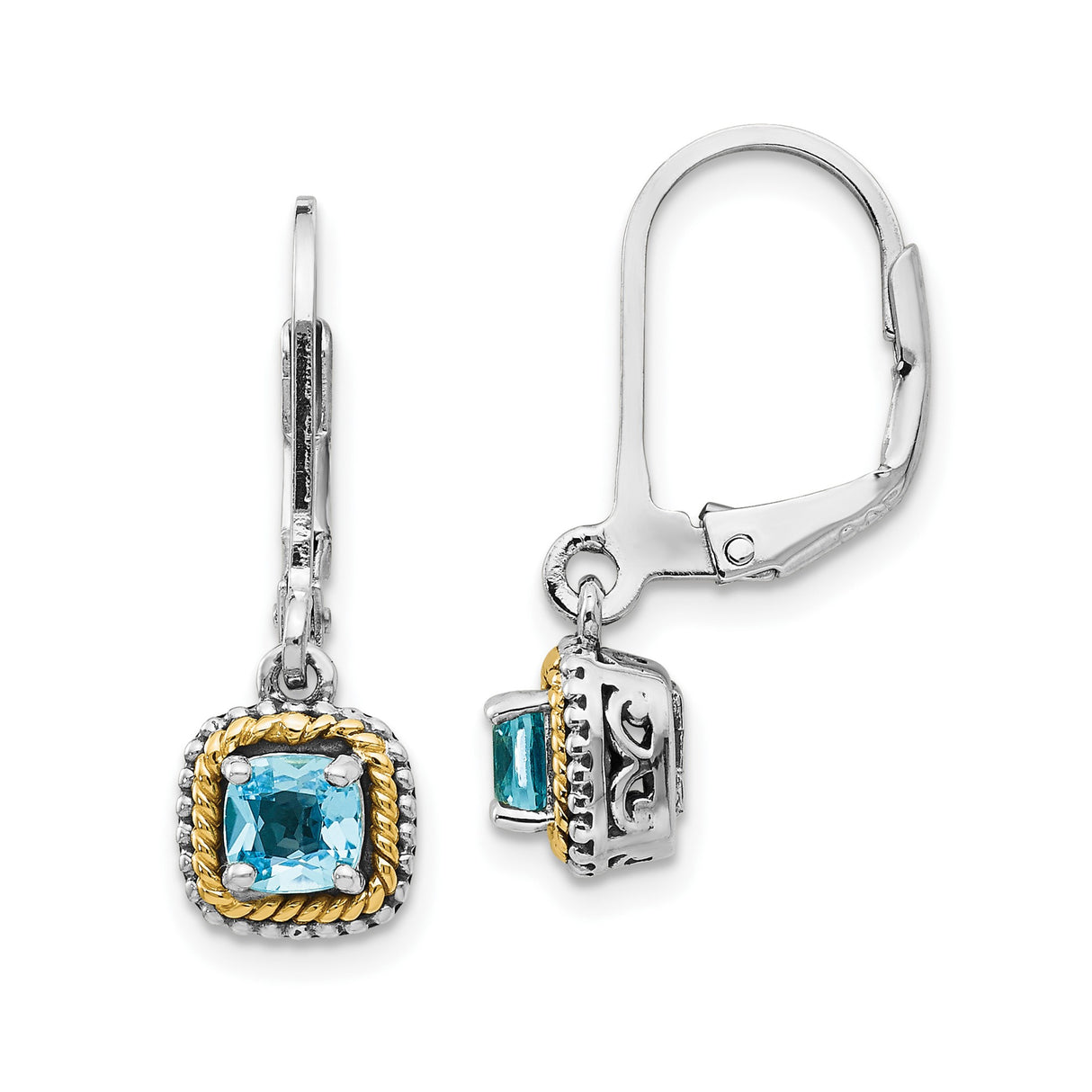 14k Yellow Gold Dangle Earrings with Sky Blue Topaz, Two-Tone Rope and Scrollwork Design