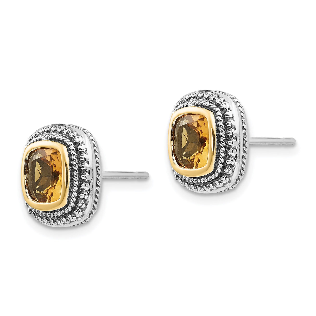 14k Two-Tone Yellow Gold Stud Earrings with Cushion Cut Citrine, Beaded Edge and Rope Border
