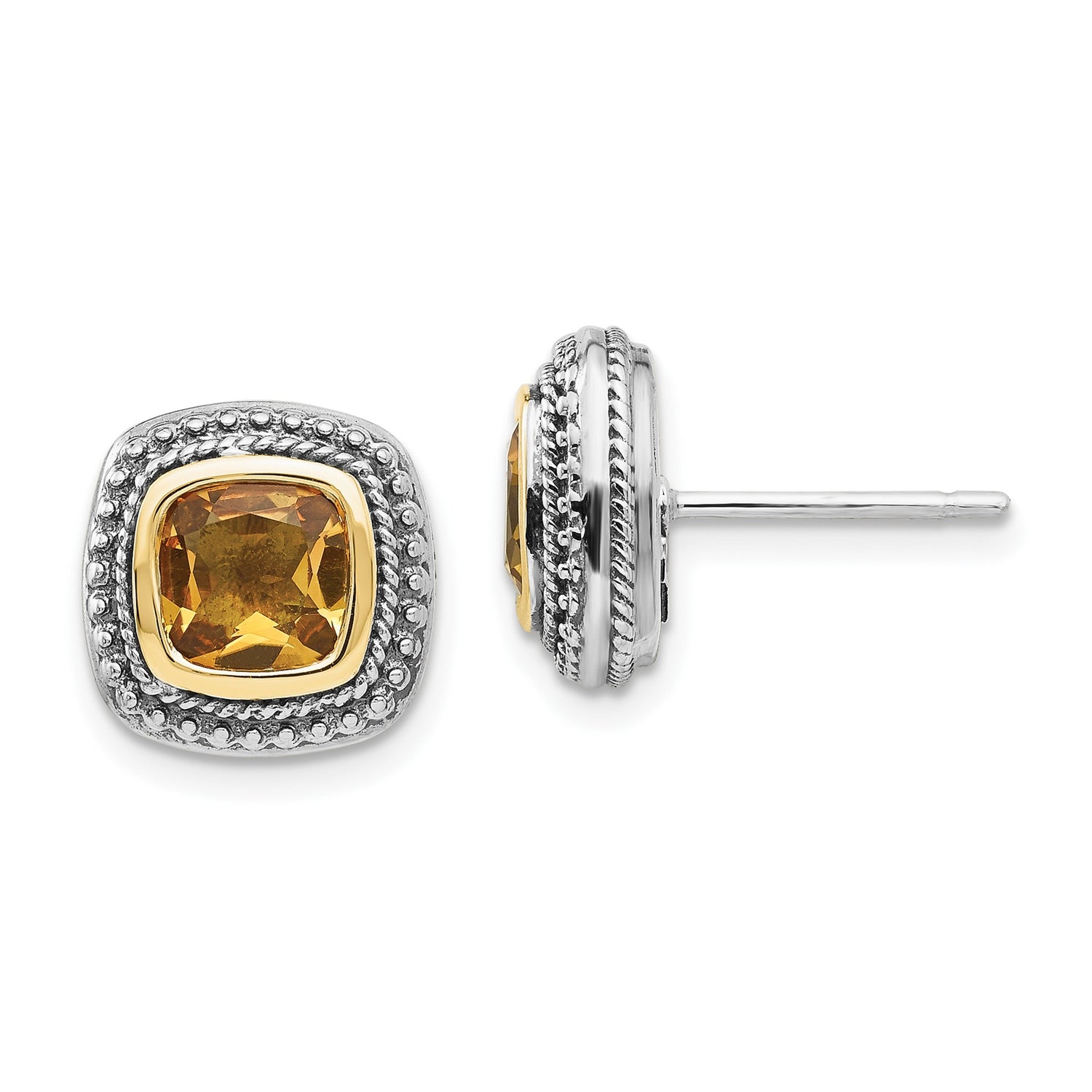 14k Yellow Gold and Sterling Silver Stud Earrings with Cushion Cut Citrine, Beaded Edge and Rope Border