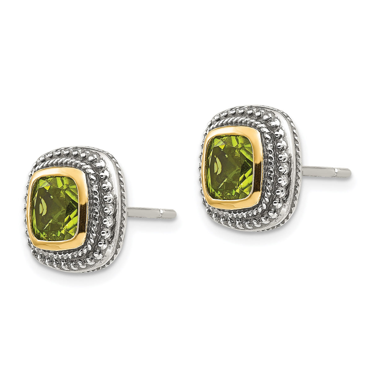 14k Yellow Gold Stud Earrings with Cushion Cut Peridot and Beaded Border Design
