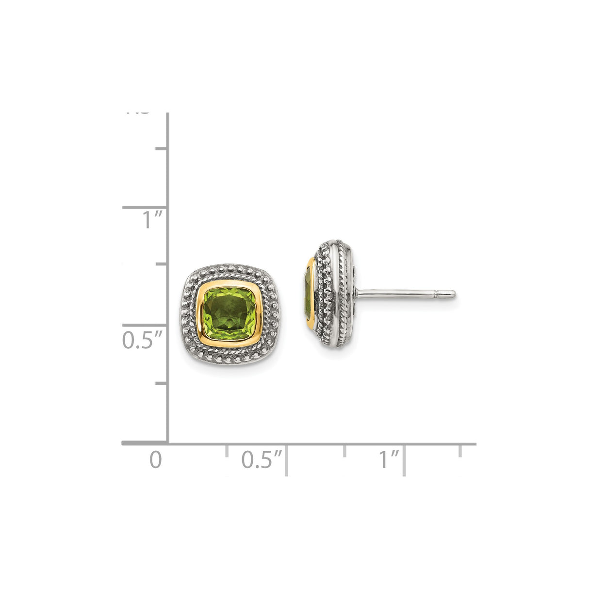 14k Yellow Gold Stud Earrings with Cushion Cut Peridot and Beaded Border Design