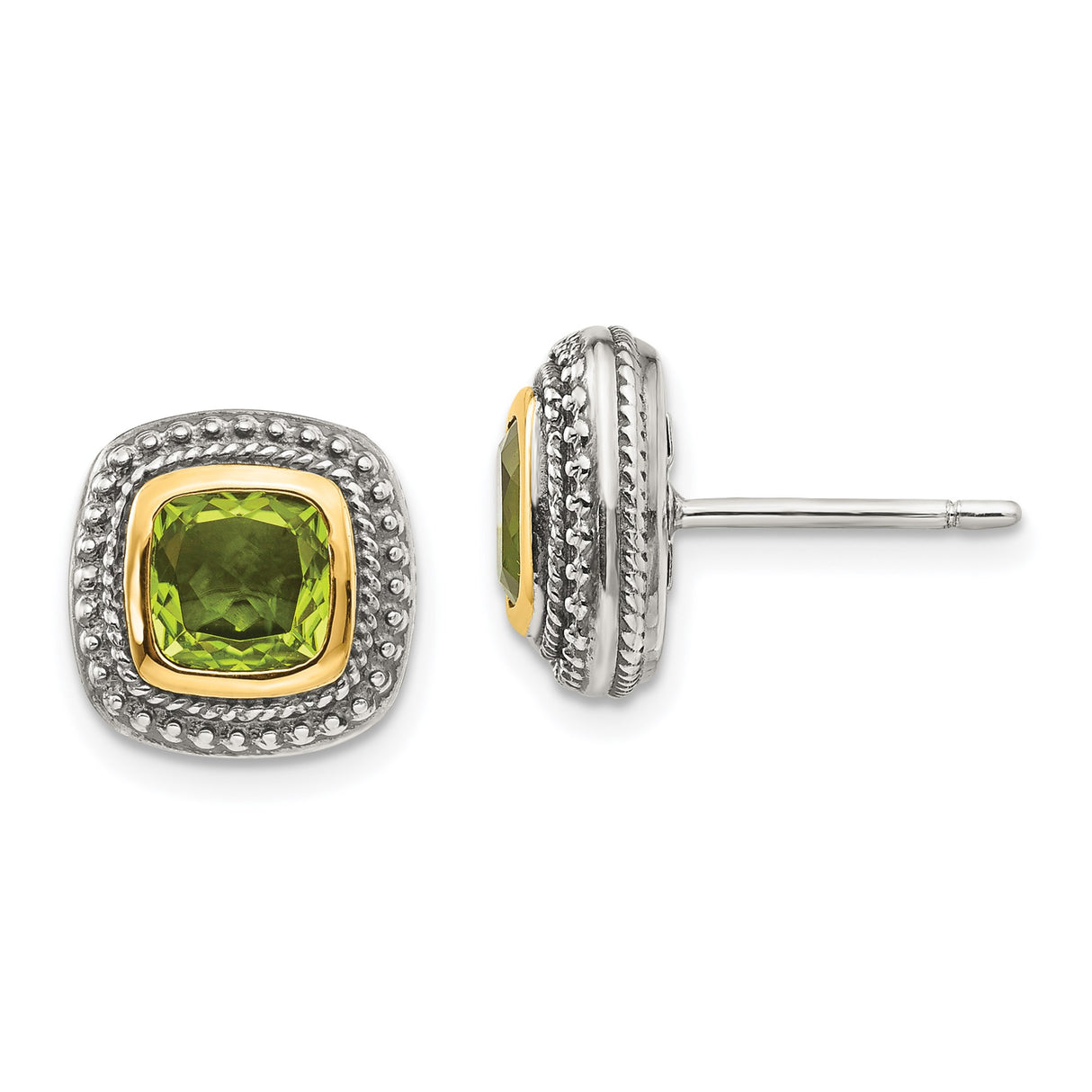 14k Yellow Gold Stud Earrings with Cushion Cut Peridot and Beaded Border Design