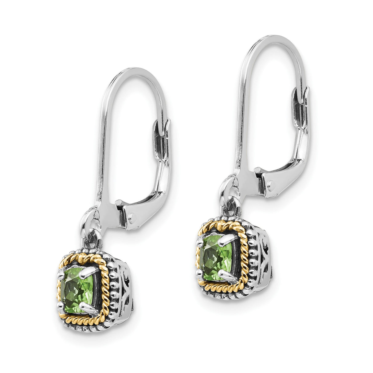 14k Two-Tone Yellow Gold Dangle Earrings with Peridot, Twisted Rope Border, Leverback Style