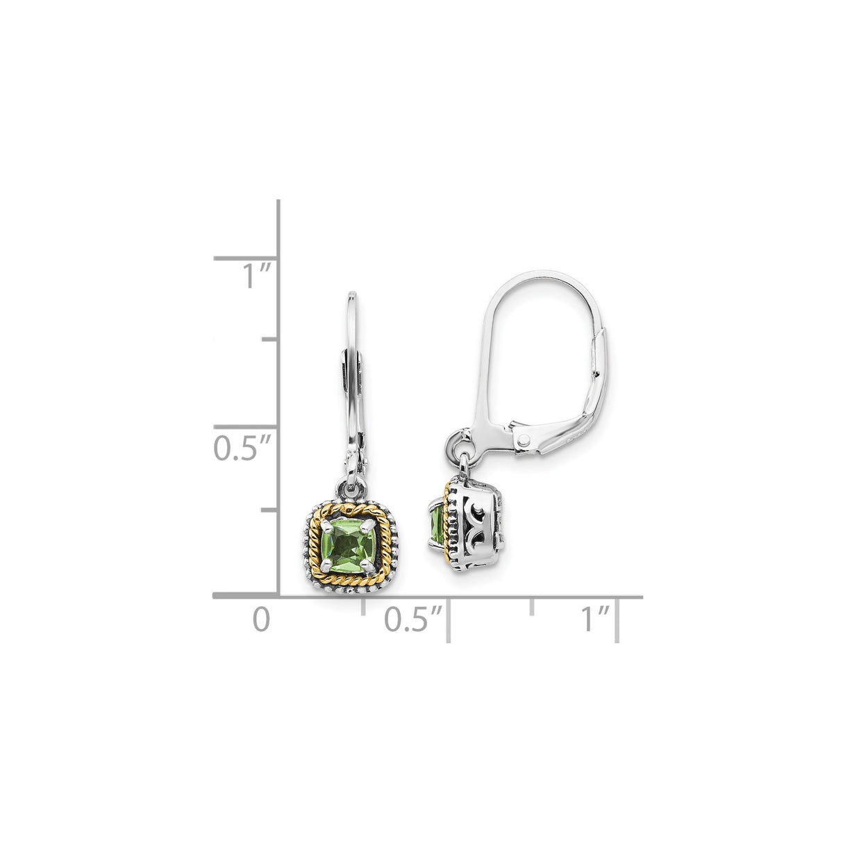 14k Two-Tone Yellow Gold Dangle Earrings with Peridot, Twisted Rope Border, Leverback Style