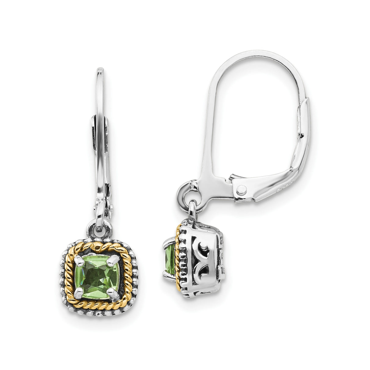 14k Yellow Gold and Sterling Silver Dangle Earrings with Peridot, Twisted Rope Border, Leverback Style