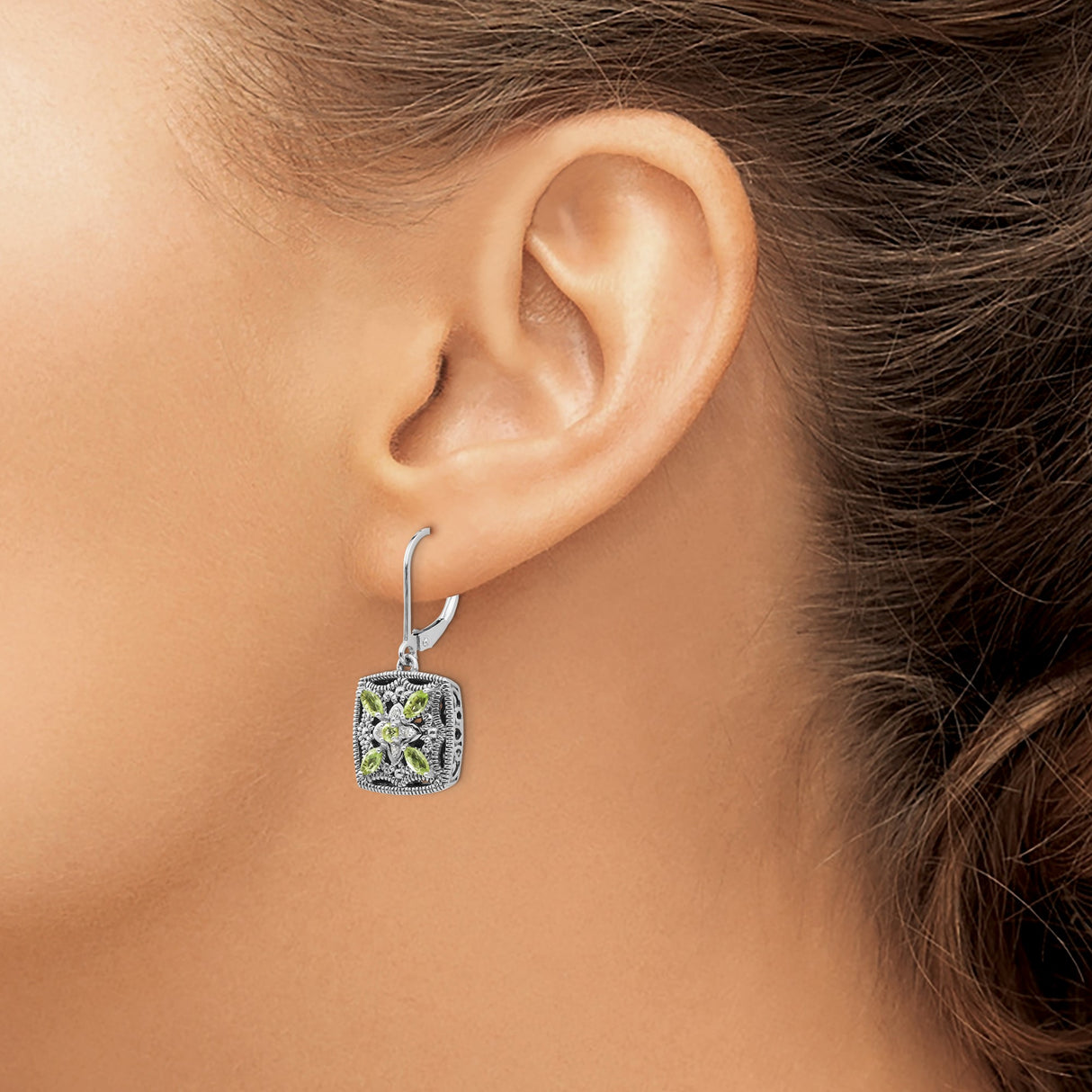 14k Yellow Gold Dangle Earrings with Peridot and Diamond, Floral Filigree Vintage Style