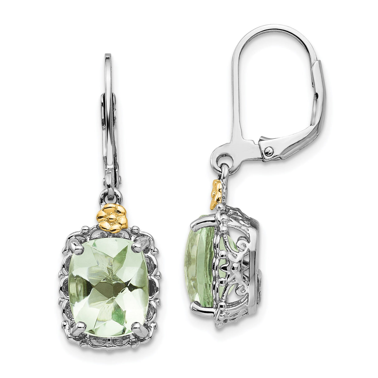 14k Yellow Gold and Sterling Silver Dangle Earrings with Prasiolite, Vintage Filigree Leverback Design