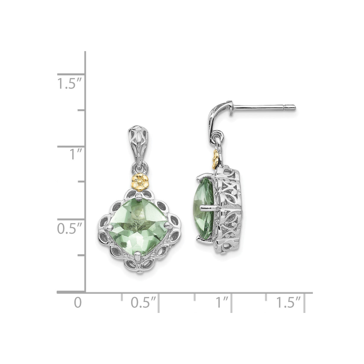 14k Yellow Gold Dangle Earrings with Prasiolite, Two-Tone Filigree Floral Vintage Style