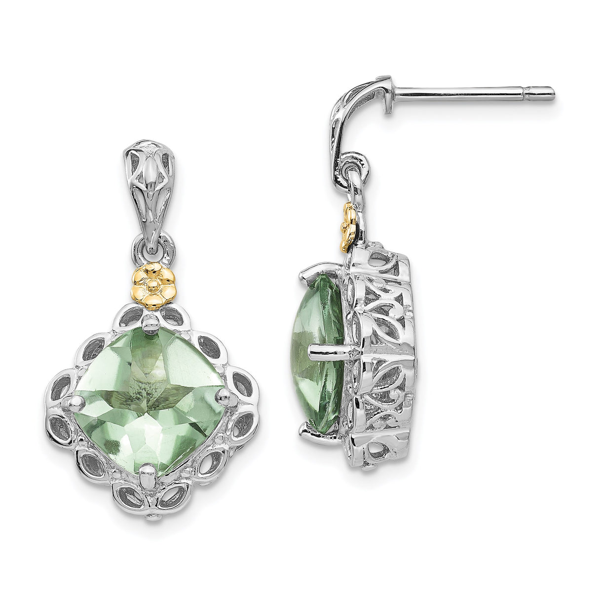 14k Yellow Gold Dangle Earrings with Prasiolite, Two-Tone Filigree Floral Vintage Style