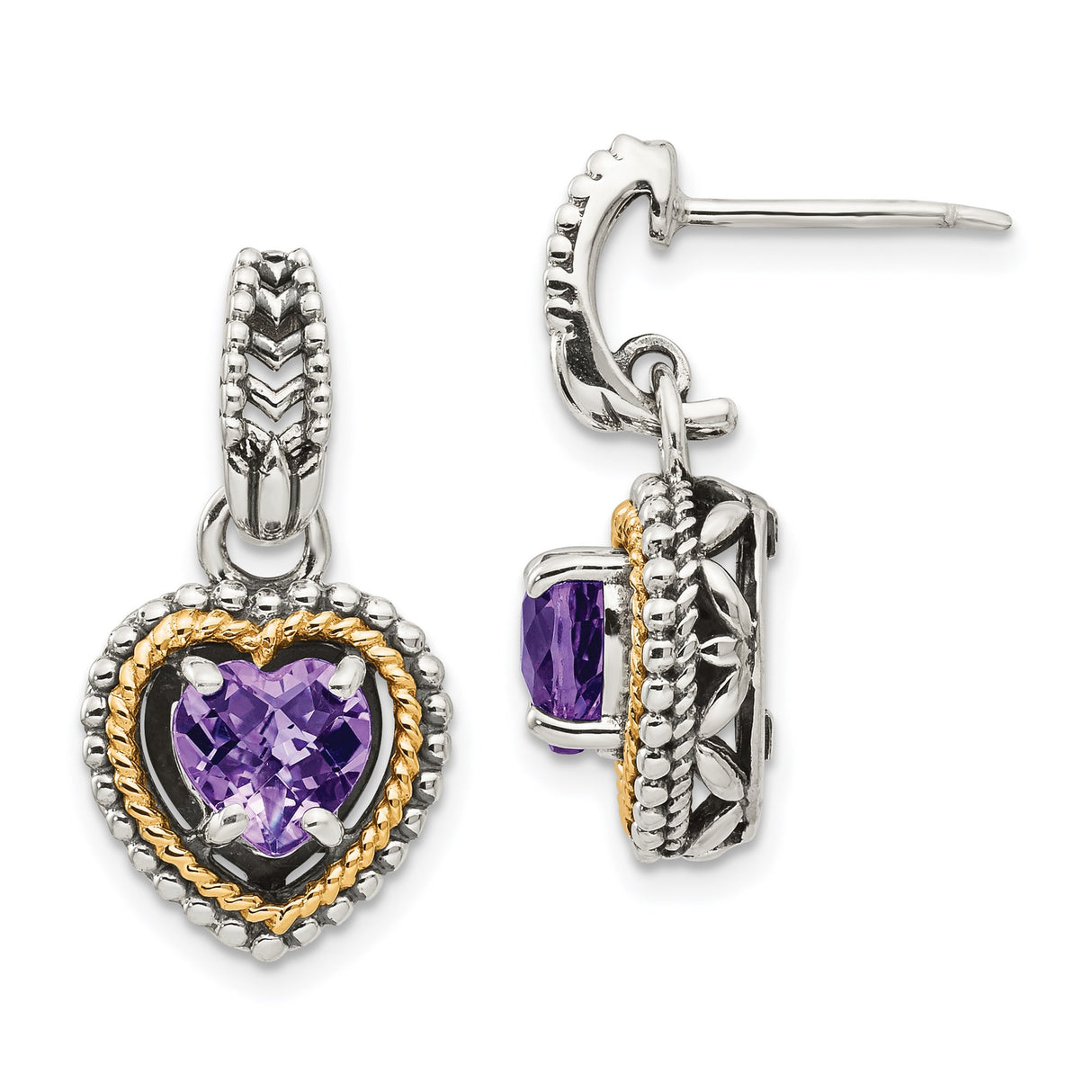 14k Yellow Gold and Sterling Silver Heart Dangle Earrings with Amethyst, Rope and Beaded Design