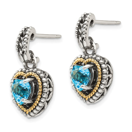 14k Yellow Gold Drop Earrings with Swiss Blue Topaz, Two-Tone Heart Design with Rope Detail