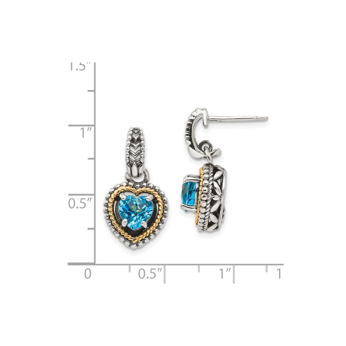 14k Yellow Gold Drop Earrings with Swiss Blue Topaz, Two-Tone Heart Design with Rope Detail