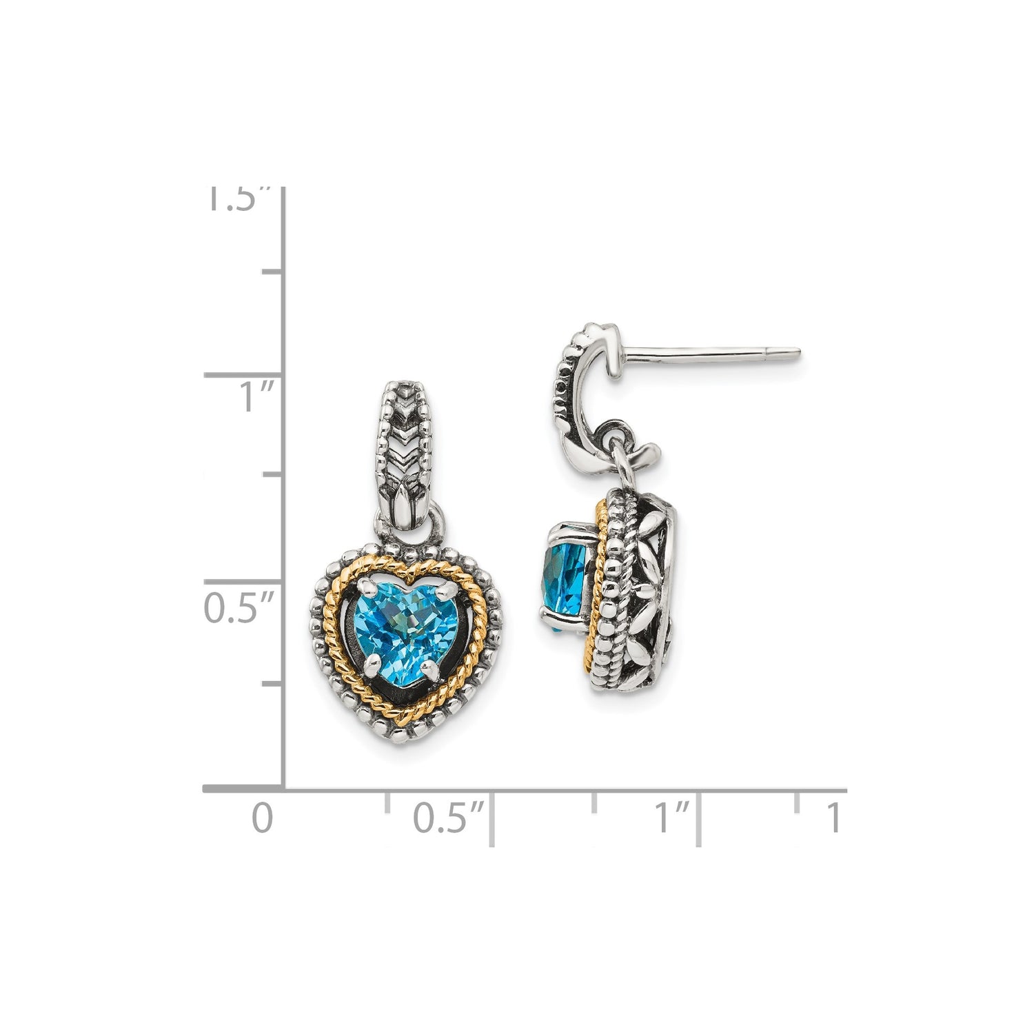 14k Yellow Gold Drop Earrings with Swiss Blue Topaz, Two-Tone Heart Design with Rope Detail