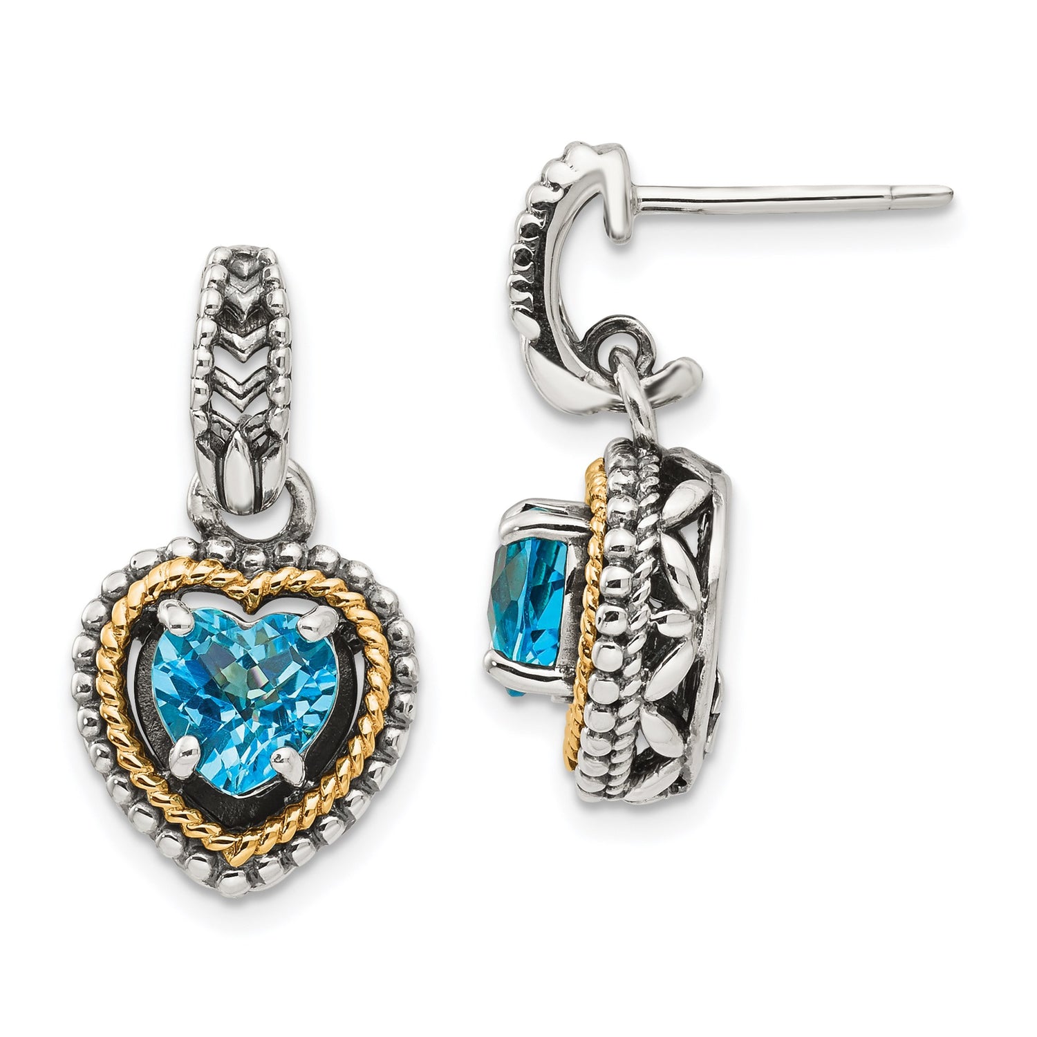 14k Yellow Gold Drop Earrings with Swiss Blue Topaz, Two-Tone Heart Design with Rope Detail
