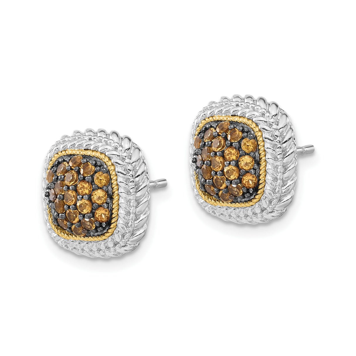 14k Two-Tone Yellow Gold Cushion Stud Earrings with Citrine, Twisted Rope Detail