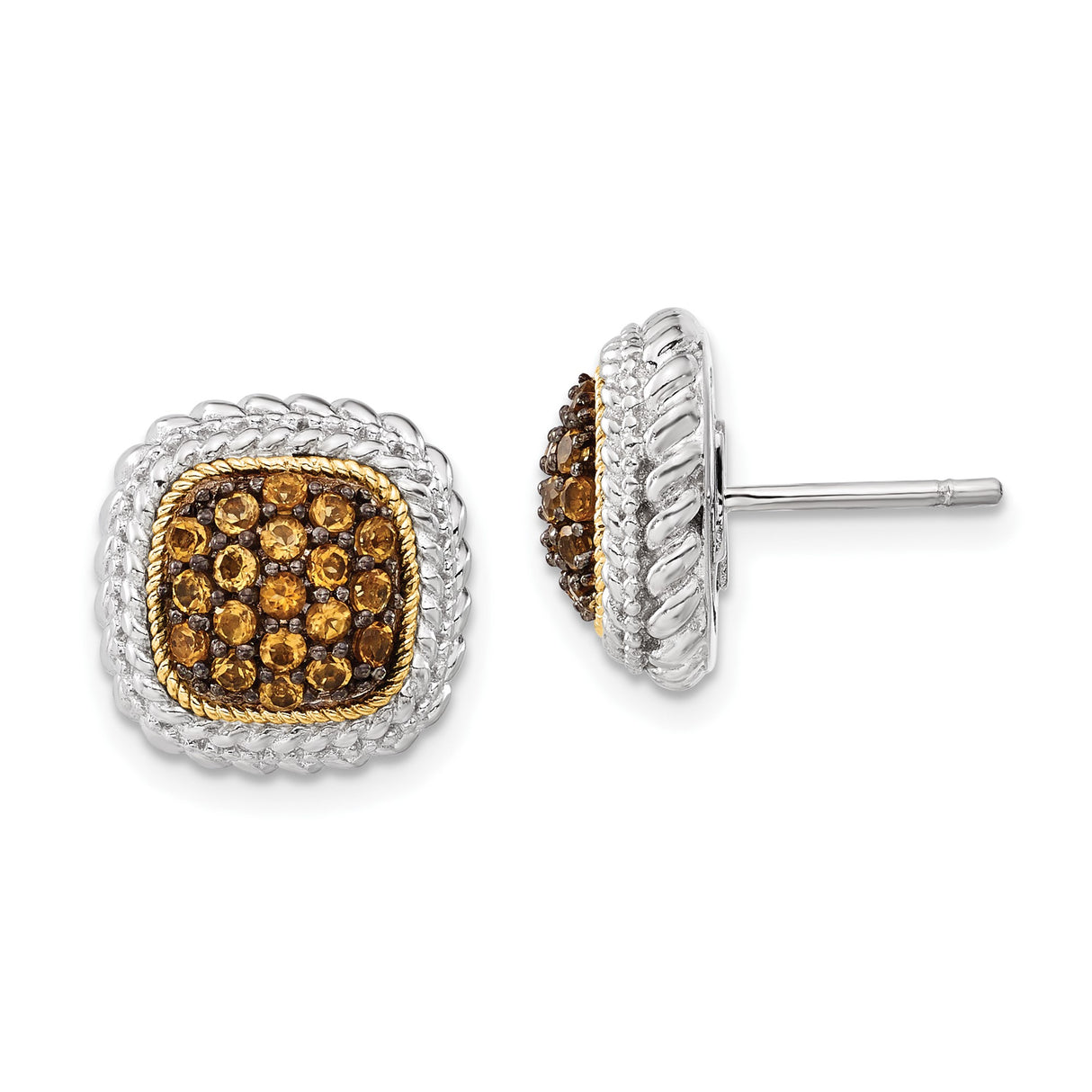 14k Yellow Gold and Sterling Silver Cushion Stud Earrings with Citrine, Twisted Rope Detail