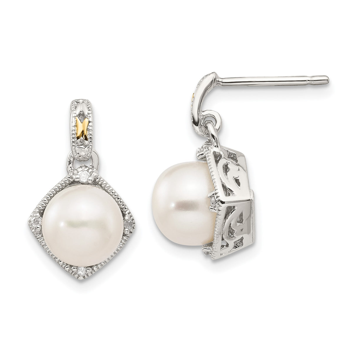 14k Yellow Gold Drop Earrings with White Cultured Pearls and Diamond Accents, Vintage Style